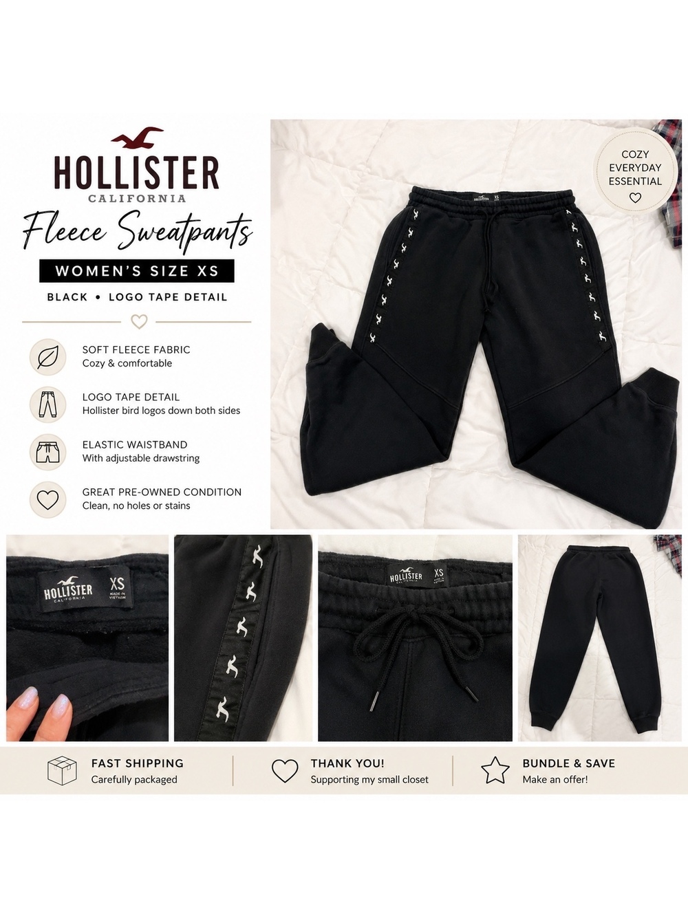 Hollister Black Logo Tape Fleece Sweatpants Joggers Women’s XS